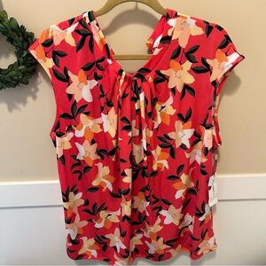 Liz Claiborne Floral Print Ruched Crewneck Cap Sleeve Career Blouse